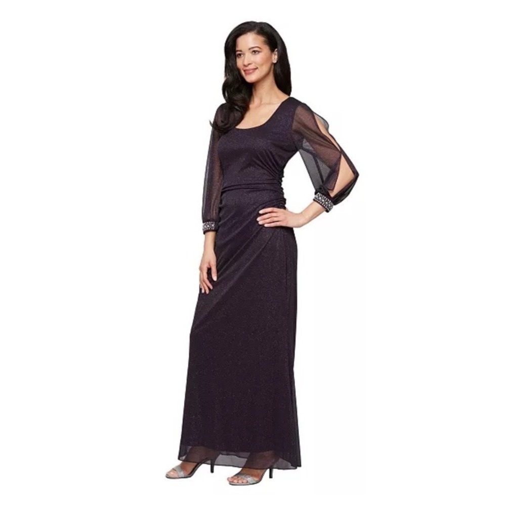 Women's SLNY Purple Rouched Dress Sz 6 Cold Shoulder Wrist Detail
